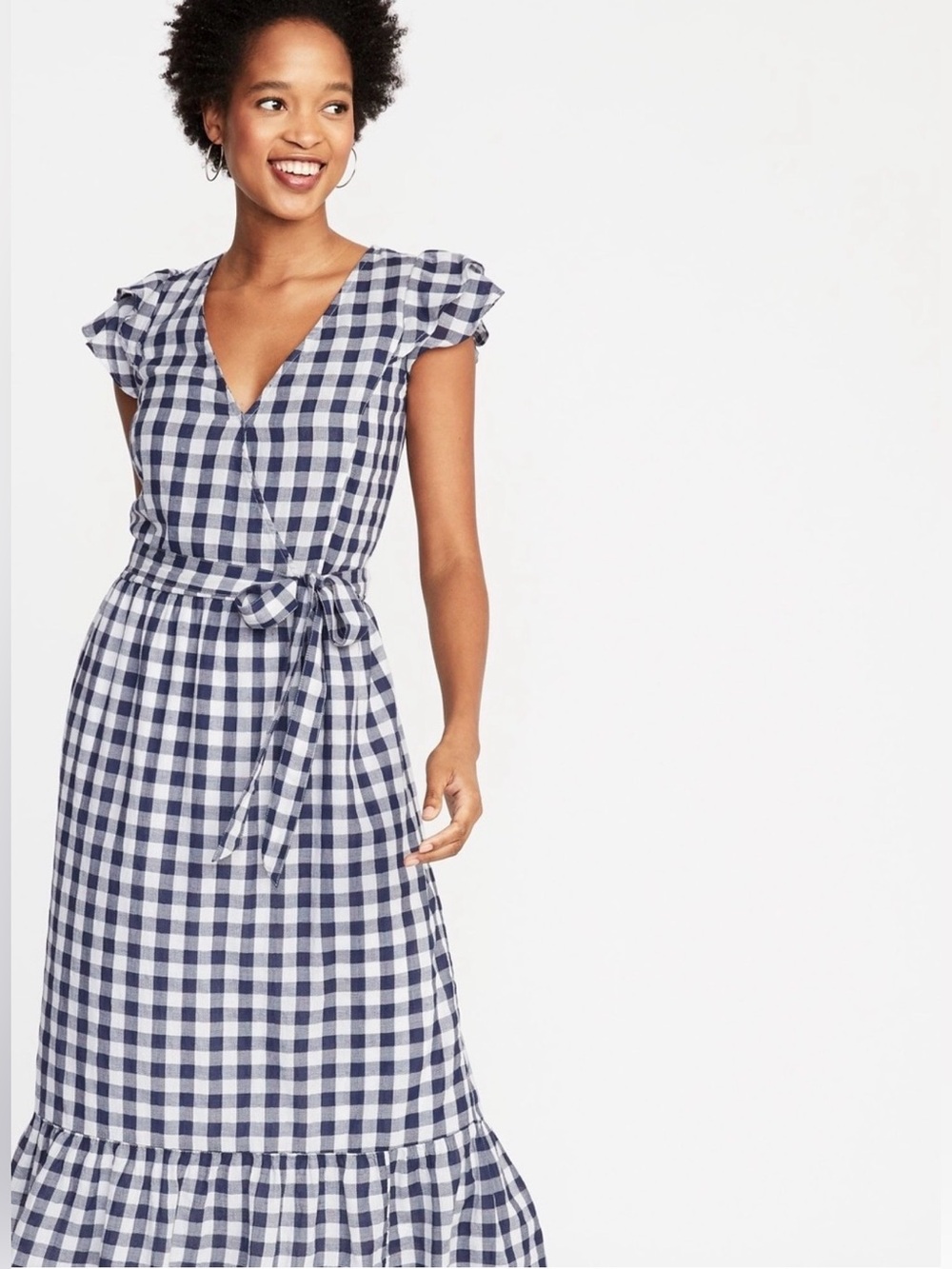 Old Navy Blue and White Gingham Midi Wrap Dress